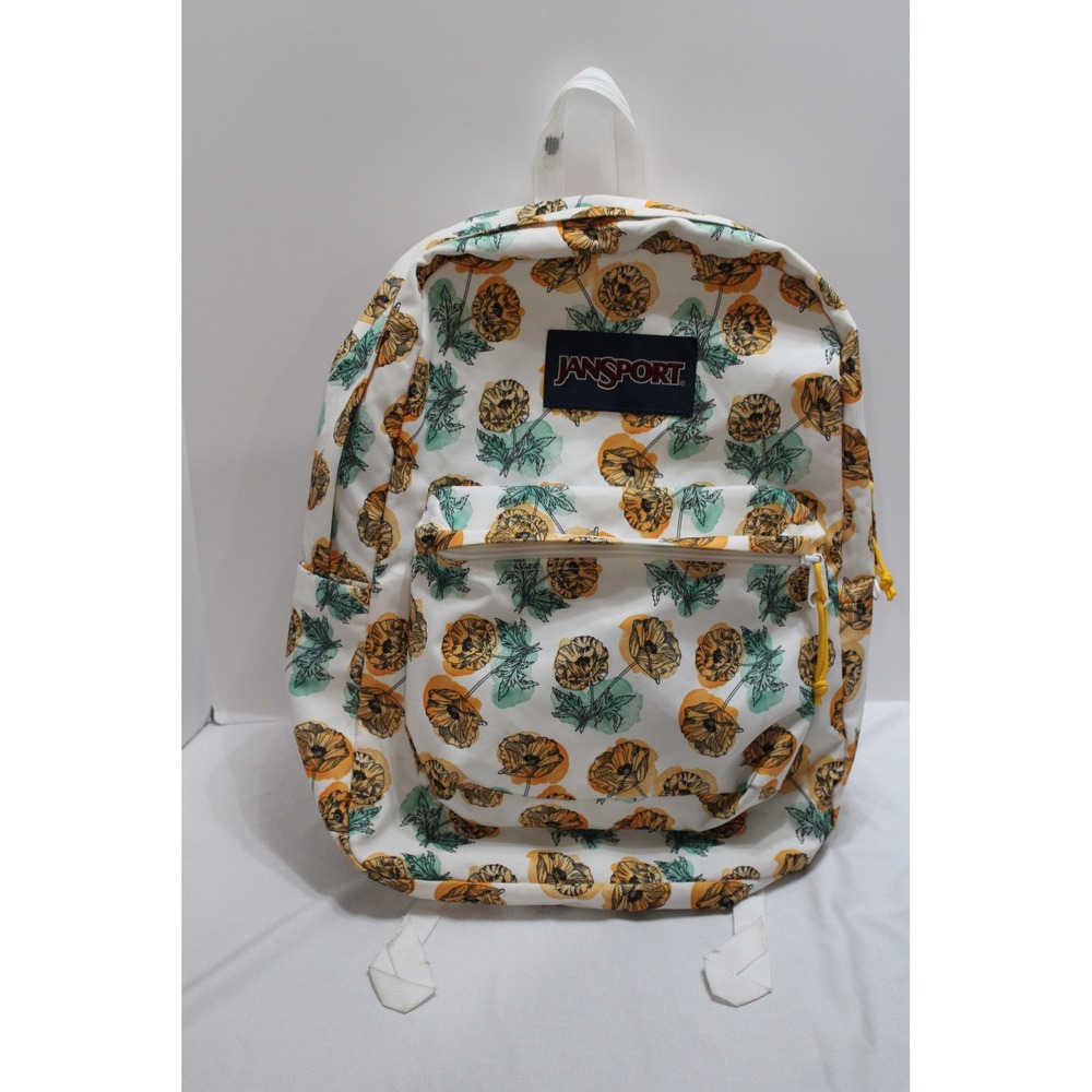 JanSport SuperBreak Backpack White Yellow Poppy Floral Print School Bag
